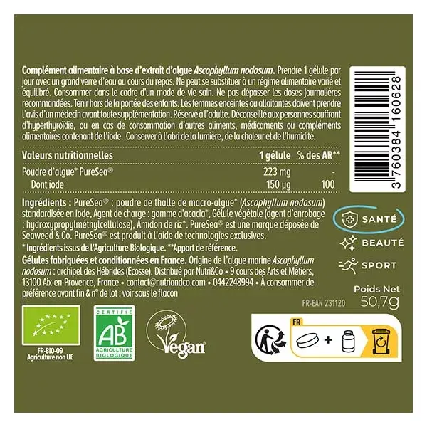 Nutri&Co Iode d'Algue Marine Bio Soutien de la Thyroïde 120 gélules Végan