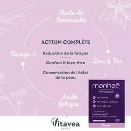 Manhaé Ménopause - Acide Folique, Omega 3 - 60 Capsules - Cure de 2 mois