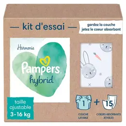 Pampers Harmonie Hybrid 3 à 16kg Oeko-Tex 1 Couche Lavable + 15 Coeurs Absorbants Jetables 