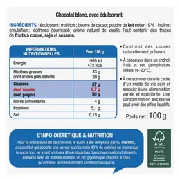 Karéléa Chocolat Sans Sucres Ajoutés Tablette Chocolat Blanc 100g