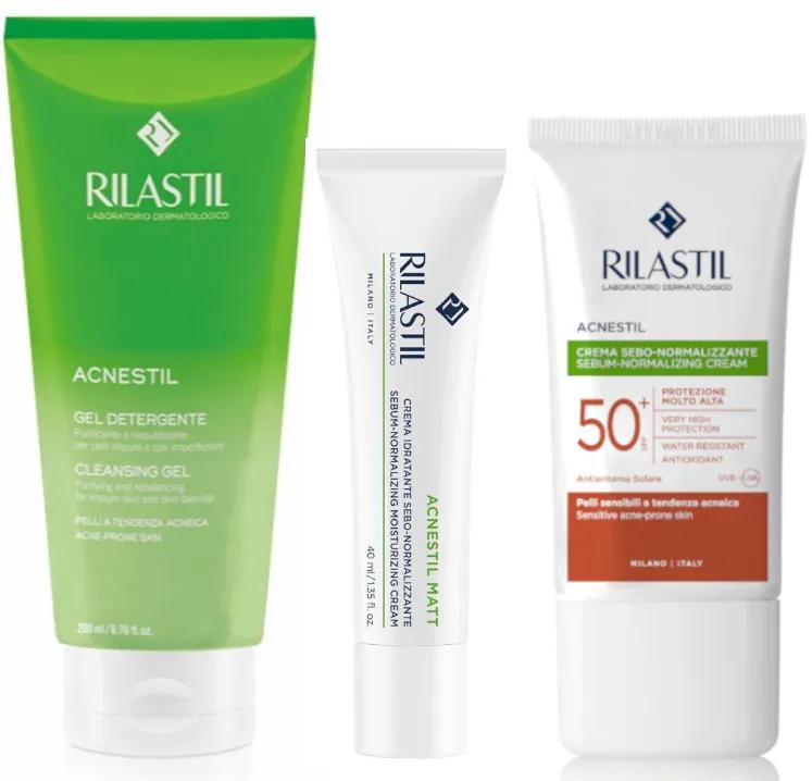 Rilastil Acnestil Reinigingsgel 200 ml+Matte Crème 40 ml+Zonsysteem Acnestil SPF50+ 40 ml