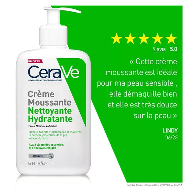 Cerave Crème Moussante Nettoyante Hydratante Visage pour Peaux Normales à Sèches 473ml