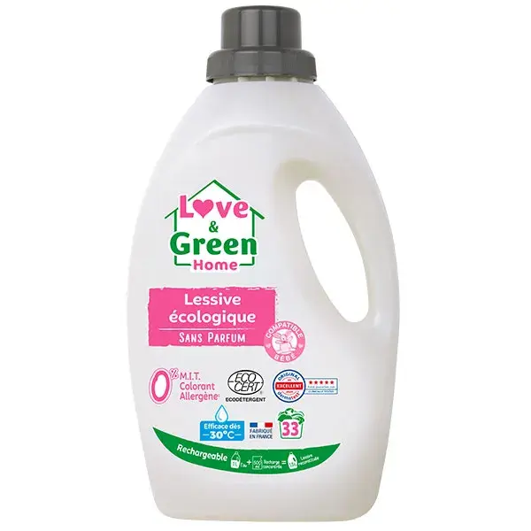 Love & Green Home Lessive certifiée Eco-détergent rechargeable et Sans parfum - 1,5L