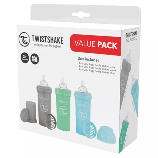 Twistshake Biberon Pack ECO Anti-Colica Blu/ Verde/ Grigio +2m 260ml Lotto di 3