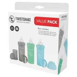 Twistshake Biberon Pack ECO Anti-colique Bleu/ Vert/ Gris +2m 260ml Lot de 3