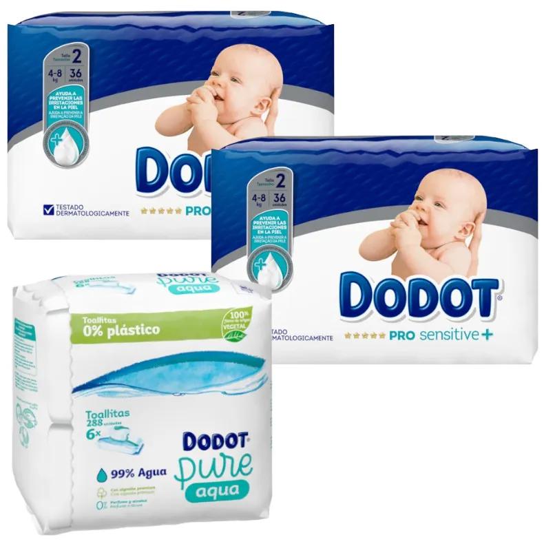 Dodot Pro Sensitive+ T2 Luiers (4-8 kg) 2x36 eenheden + Aqua Plastic Free Wipes 6x48 eenheden