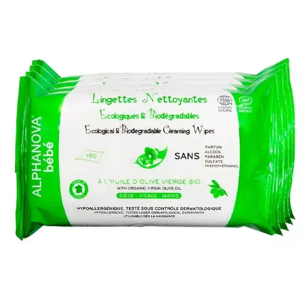 Alphanova Bébé Lingettes Huile Olive et Aloe Sans Parfum Biodégradable Bio 4x60 unités