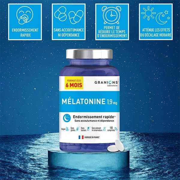 Granions Mélatonine 1,9 mg Favorise l'Endormissement 180 comprimés