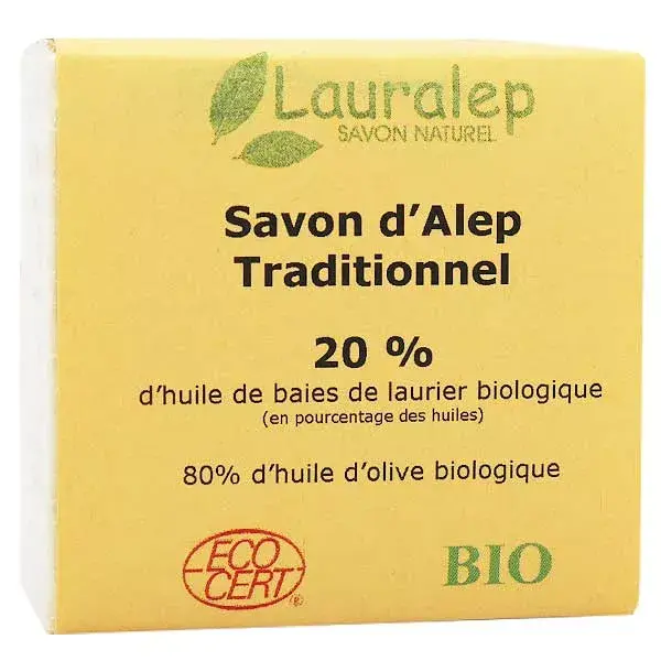 Lauralep Toilette et Change Savon d'Alep Traditionnel Bio 20% d'Huile de Laurier 200g