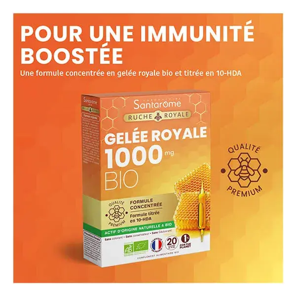 Santarome Ruche Royale Gelée Royale 1000 MG Bio Immunité 20 ampoules