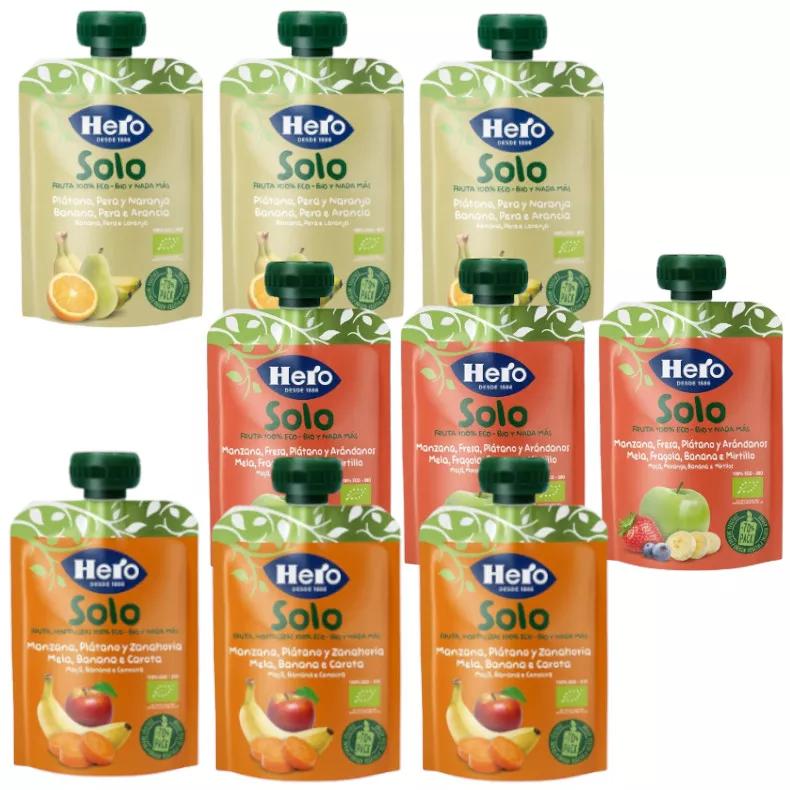 Hero Solo Sachets de Pomme, Fraise et Banane 3x100 gr + Pomme, Banane et Carotte 3x100 gr + Banane, Poire et Orange 3x100 gr +4m