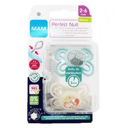 MAM Perfect Nuit Sucette Silicone +2m Raton Laveur Renard Lot de 2 + Boite de Stérilisation 