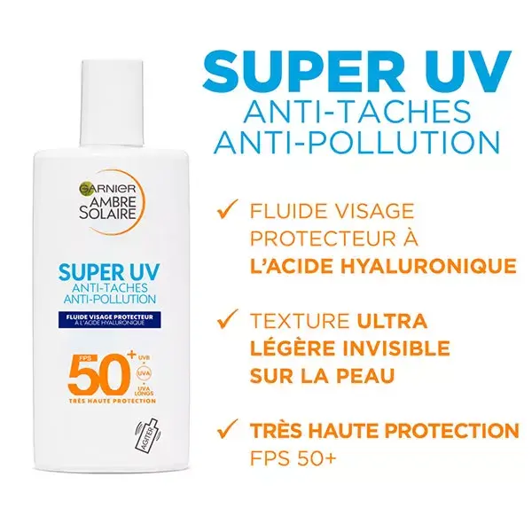 Garnier Ambre Solaire Super UV Fluide Visage Protecteur Anti-Taches Anti-Pollution SPF50+ 40ml