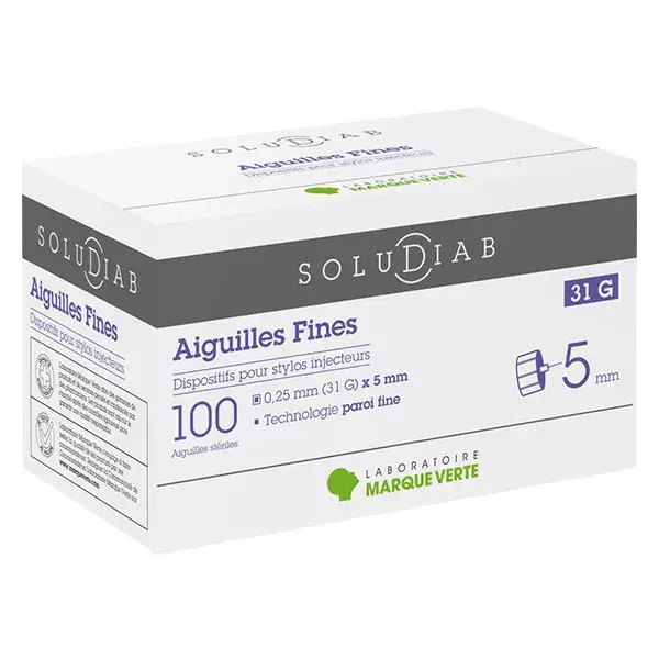 Marque Verte Soludiab Aiguille Ultrafine pour Stylo Injecteur d'Insuline 5mm 31G 100 unités