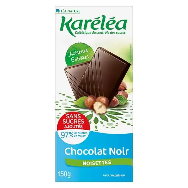 Karéléa Chocolat Sans Sucres Ajoutés Tablette Chocolat Noir Noisettes 150g