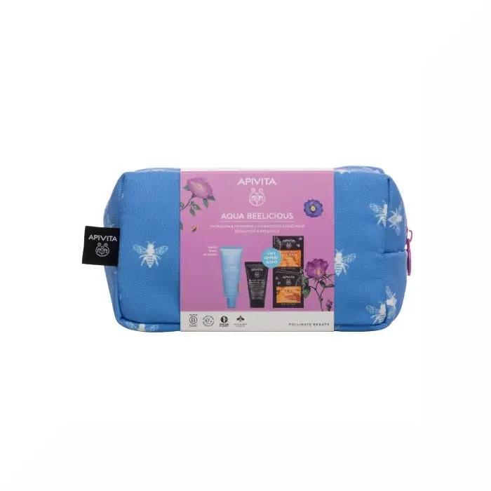 Apivita Cofanetto Aqua Beelicious con Crema Idratante Colorata Healthy Glow SPF30+Gel detergente Viso + Maschera + Pochette