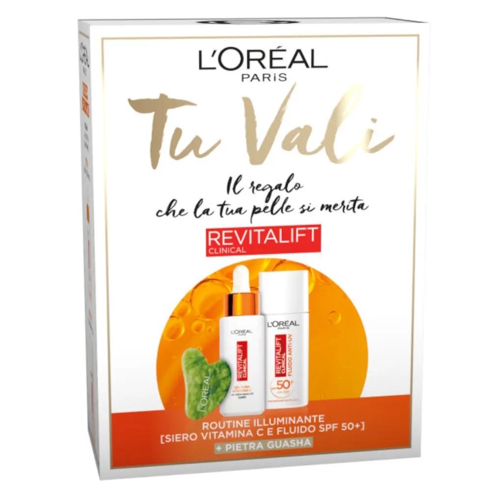 L'oreal Paris Revitalift Vitamina C Trattamento Illuminante Viso Cofanetto Siero Anti-Age + Fluido SPF50+ + Pietra Guasha