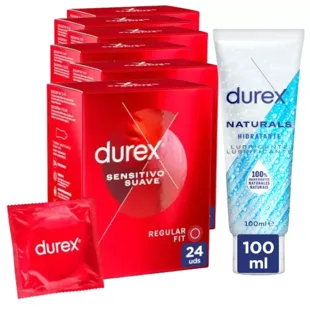 Durex Lubricante Natural Hidratante 100 ml + Preservativos Sensitivo Suave 6x24 uds