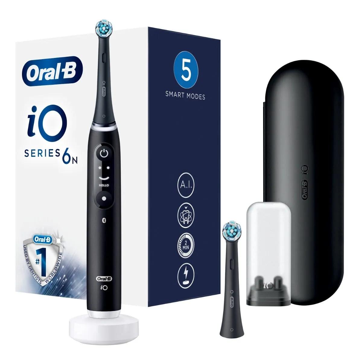 Oral-B iO6 Spazzolino Elettrico Ricaricabile Nero Con Custodia Da Viaggio, 2 Testine