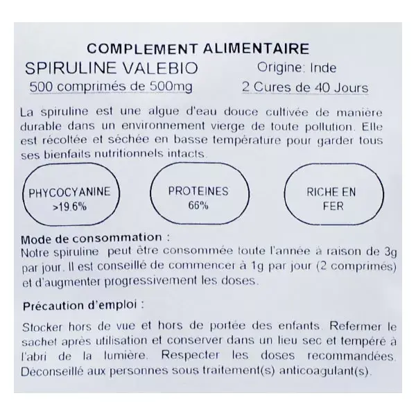 Valebio Spirulina 500mg Bio 500 comprimidos