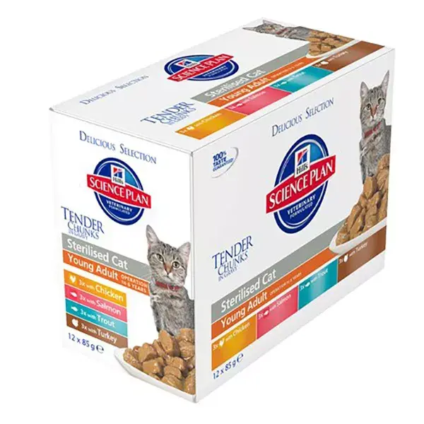 Hill's Science Plan Feline Sterilised Cat Aliment Humide Mixte Poulet Saumon Dinde Truite 12 x 85'