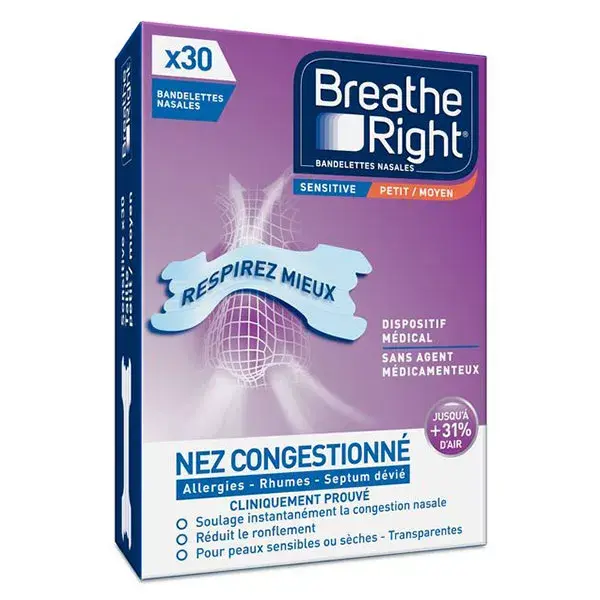 Breathe Right Bandelettes Nasales Petit Moyen Sensitive Nez Congestionné 30 unités