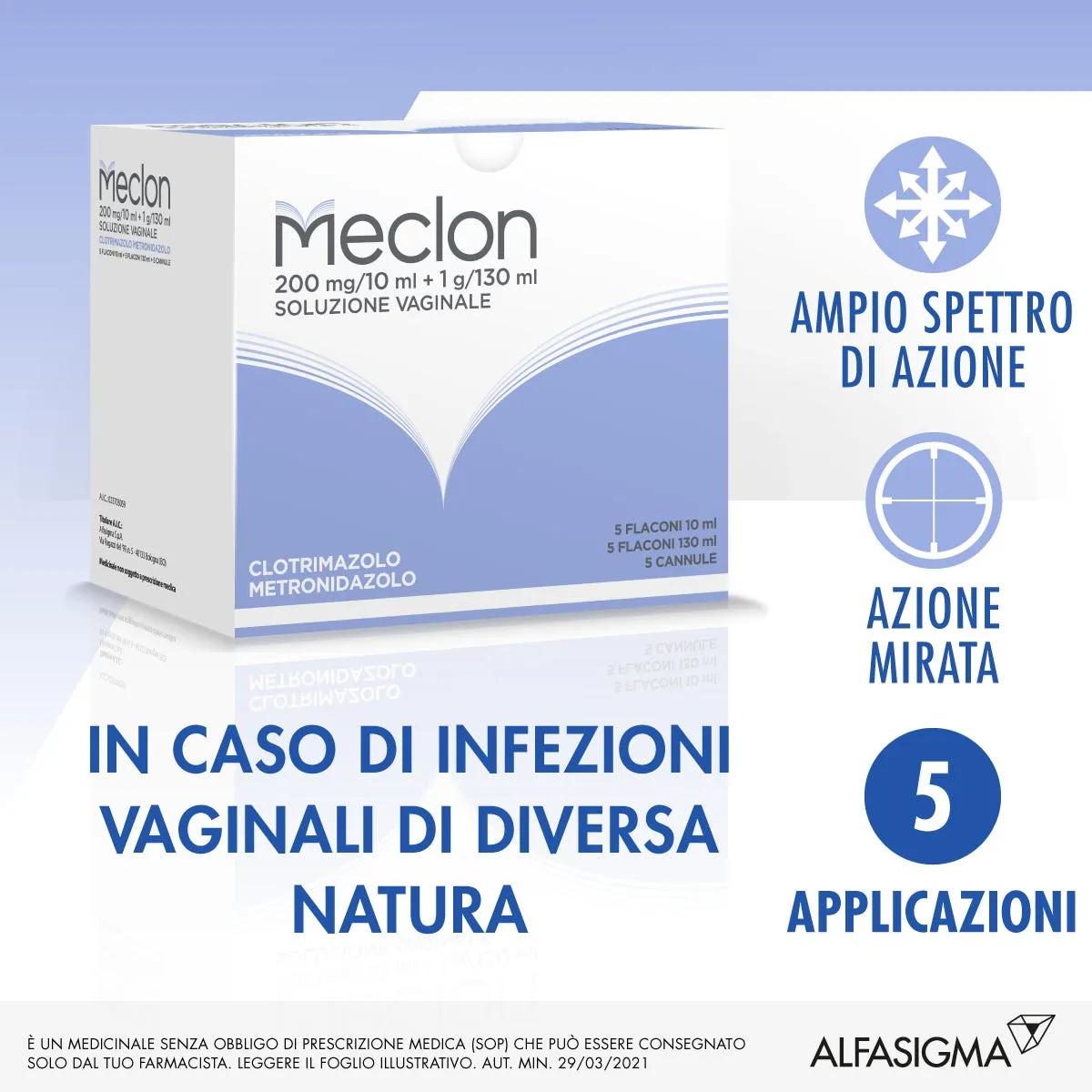 Meclon Soluzione Vaginale 200 mg/10 ml + 1 g/130 ml 5 Flaconi + 5 Cannule