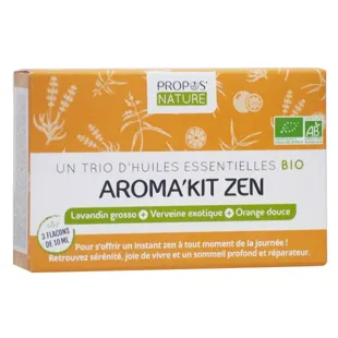 Kit Aromaterapia Zen Zen di Propos' Nature, composto da tre oli essenziali biologici.