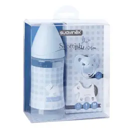 Suavinex Coffret Biberon Silicone 0-6m + Sucette + Attache Sucette Scottish Bleu