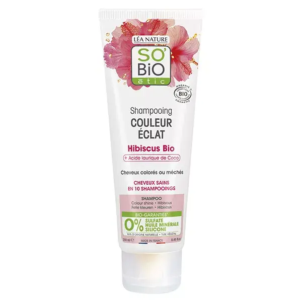 So'Bio Étic Cheveux Colorés ou Méchés Shampoing Hibiscus & Acide Laurique de Coco Bio 250ml