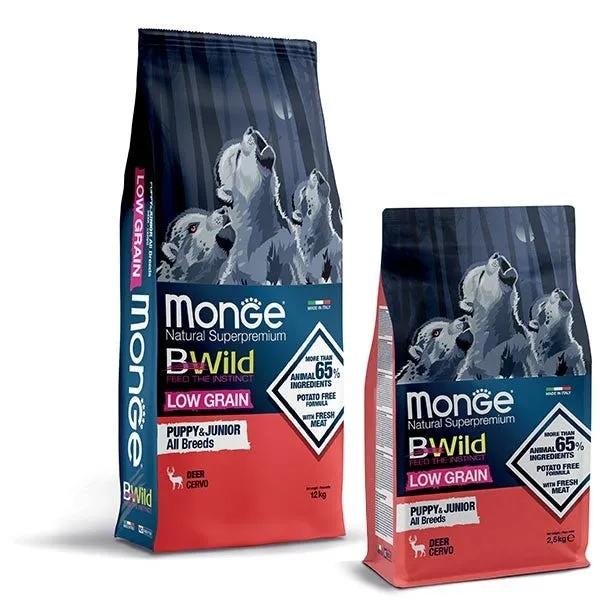 Monge B Wild Low Grain Puppy & Junior All Breeds Con Cervo Cibo Secco Cani Cuccioli Sacco 12 Kg