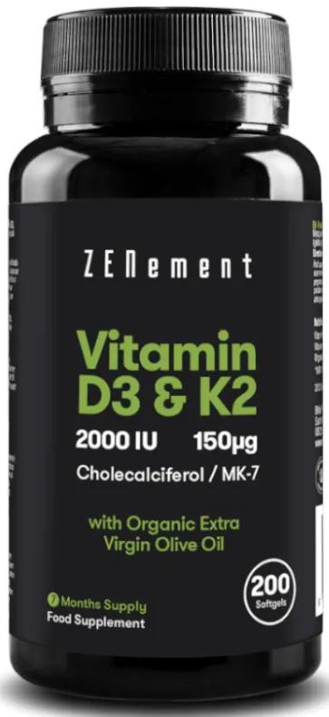 ZENement Vitamine D3+K2 Huile d&#39;Olive Extra Vierge 200 Gélules Molles