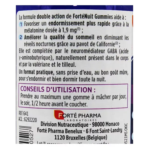 Forté Pharma FortéNuit Gummies Mélatonine 1,9 mg Sommeil 30 gommes Goût Myrtille