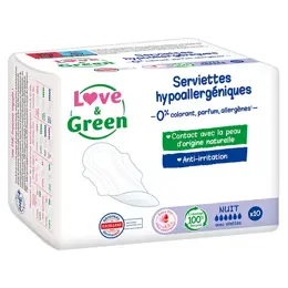 Love & Green Serviettes Nuit Hypoallergéniques 0% x10