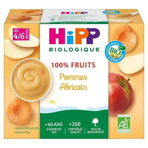 Hipp Bio 100% Fruits Coupelle Pommes Abricots +4m 4 x 100g