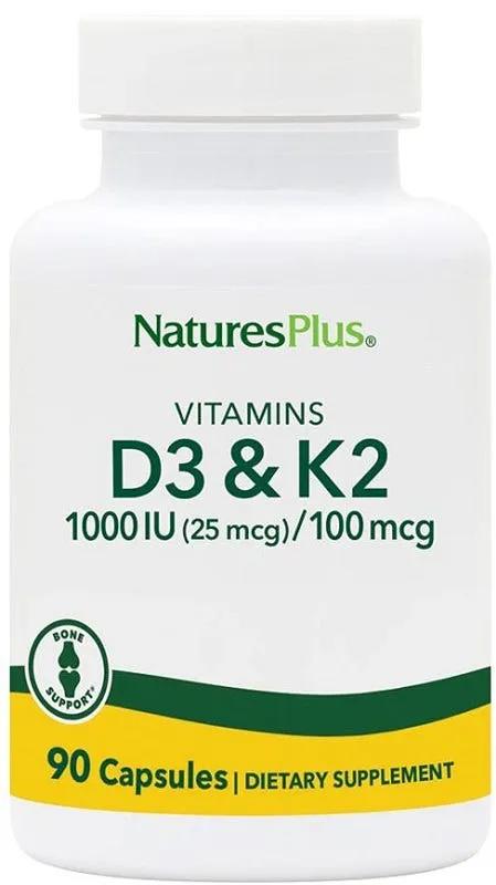 Natures Plus Vitamins D3 & K2 Integratore Sistema Immunitario 90 Compresse