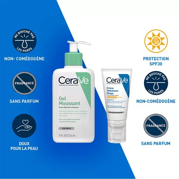 CeraVe Routine Visage Peaux Grasses Gel Moussant 236ml & Crème Hydratante Visage SPF30 52ml