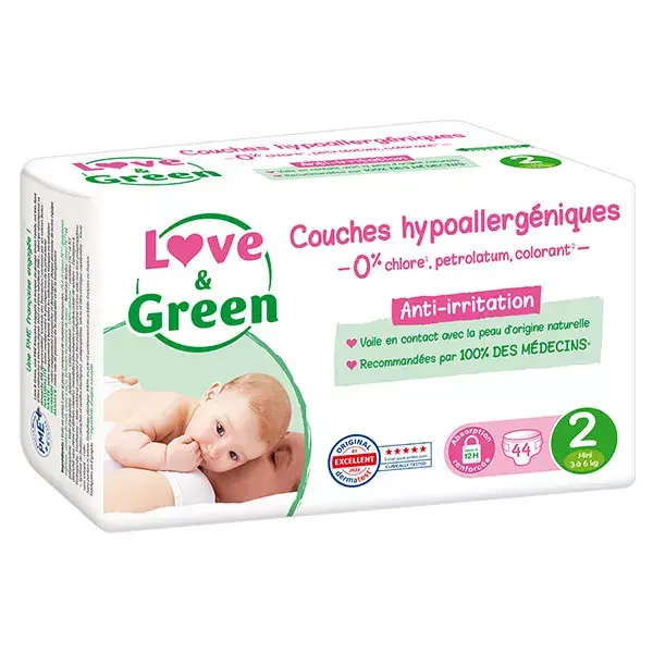 Love & Green Change Bébé Couche Hypoallergénique Taille 2 3-6kg 44 unités