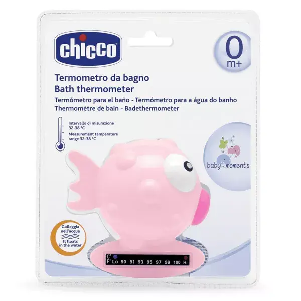 Chicco Bien-Être & Protection Thermomètre de Bain avec Bande Thermique +0m Poisson Rose