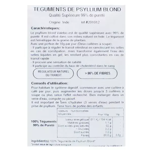 Valebio Psyllium Amarillo Bio 120g