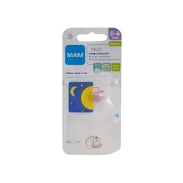 MAM Nuit Sucette Silicone +0m Chat Lune Rose Lot de 2 + Boîte de Stérilisation