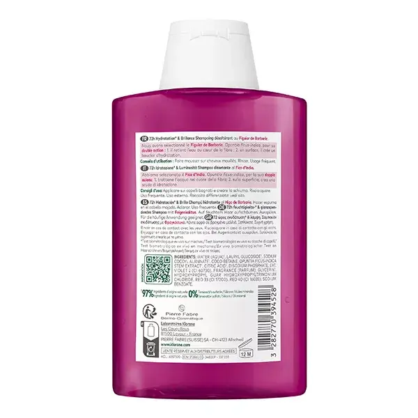 Klorane Figuier de Barbarie Shampooing désaltérant 72h Hydratation brillance 200ml