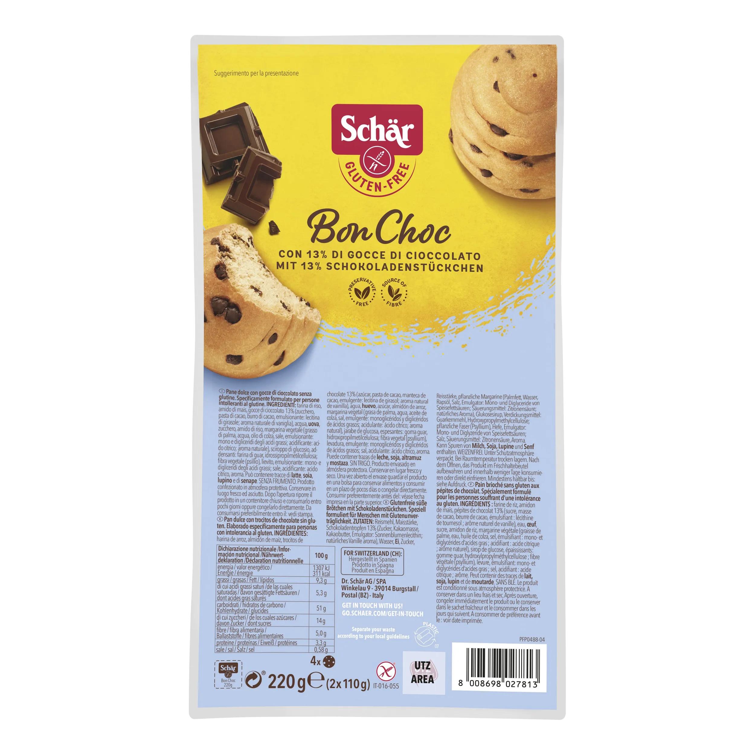 Schar Bon Choc Panini Dolci Con Gocce di Cioccolato Senza Glutine 4x55 g