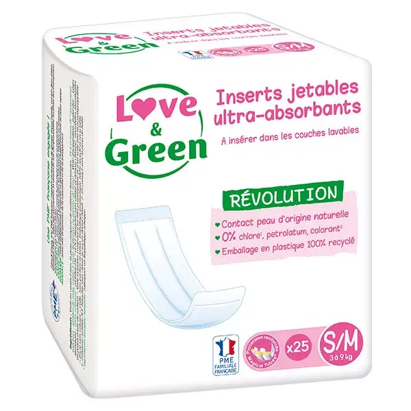 Love & Green Change Bébé Insert Jetable pour Couche Lavable Taille S/M 25 unités