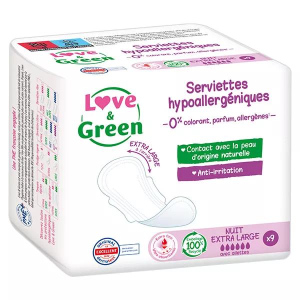 Love & Green Toalla de Noche Hipoalergénica Higiene Femenina Extra Grande 9 unidades