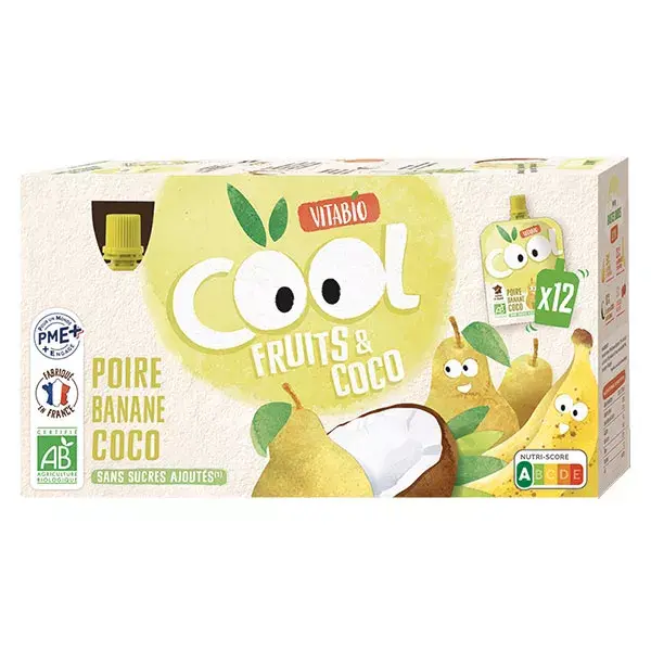 Vitabio Cool Fruits Gourdes Poire Banane Lait de Coco Bio Lot de 12 x 85g