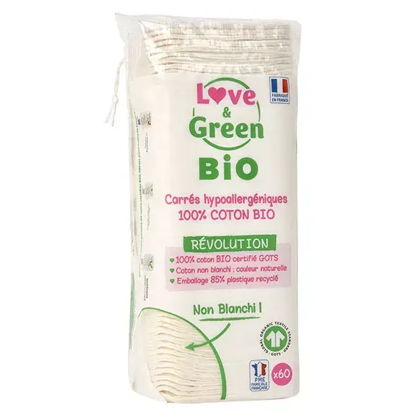 Love & Green Hygiène Bébé Coton Carré Bio 60 unités