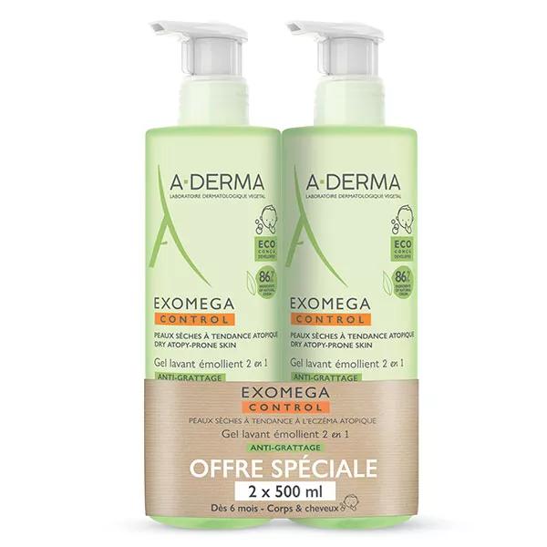 Aderma Exomega Control Gel Limpiador Emoliente Antipicores Lot 2 x  500ml