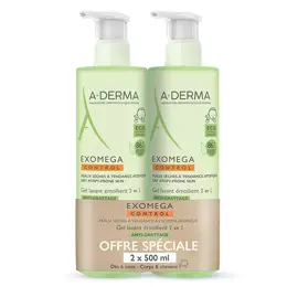 A-Derma Exomega Control Gel Lavant Émollient Anti-Grattage 2 en 1 Lot de 2 x 500ml