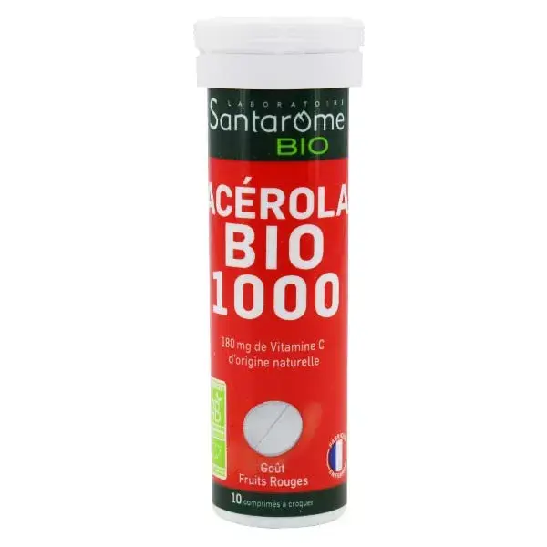 Santarome Bio - Acérola Bio 1000 - Vitamine C naturelle - 10 comprimés à croquer